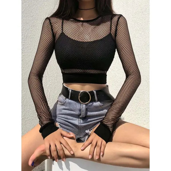 Sexy black hollow crop top for goth rave streetwear - Black / S