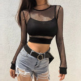Sexy black hollow crop top for goth rave streetwear