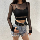 Sexy black hollow crop top for goth rave streetwear