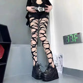 Sexy Black Ripped Fishnet Tights Women Gothic Punk Hollow Out Tight Mesh Pantyhose Stockings Leggings Emo Style Egirl