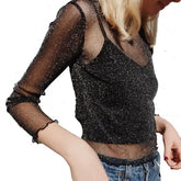 Women’s Shiny Mesh Long Sleeve T-Shirt – Sexy Transparent Clubwear Top Glitter Sheer Black Tee Sparkling Thin O-Neck