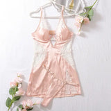 Sexy Satin Lace Patchwork Dress Silk Nightwear for Women - Nude / L