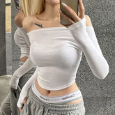 Sexy Slash Neck T Shirt Women Cotton Long Sleeves Cropped Tee Shirt Femme Slim T-shirt Female Black White Tops 2024