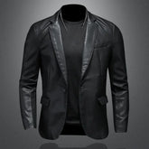 Slim Fit PU Leather Motorcycle Jacket – Turn Down Collar Black Biker Coat (5XL) - Himpall