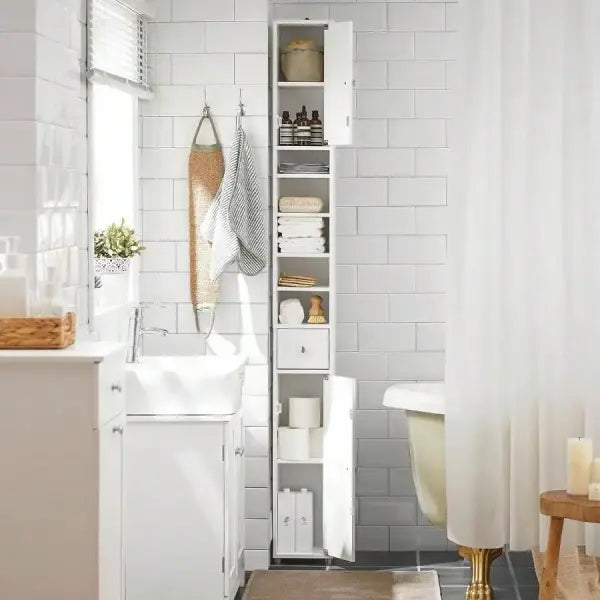 Slim Tall Bathroom Storage Cabinet - Narrow Space-Saving Cupboard - United States / White