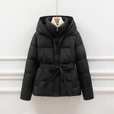 Women’s Slim Down Cotton Jacket – Thinned Winter Coat with Hood & Drawstring Waist - 2xl 【 67.5-77.5kg 】 / Black