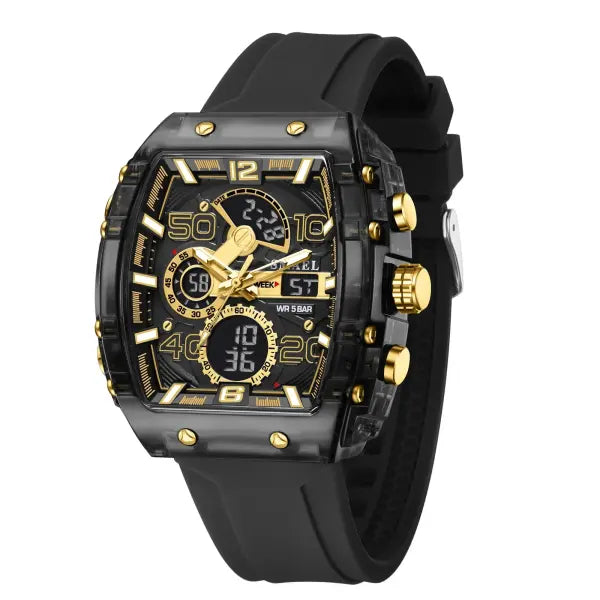 Waterproof Dual Display Sports Watch with Silicone Band for Men - Black Gold