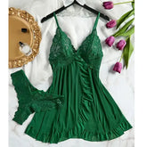 Dark Green Halter Nighty & Thong Set - Sexy Sheer Lace Nightgown - Plus Size Soft Sleepwear & Push-Up Bra Nightdress