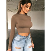 Solid Basic Long Sleeve Crop Top - Casual Black & White Slim Fit T-Shirt - Trendy Korean Style Fashion Tee for All