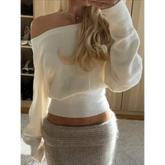 Women’s Off-Shoulder Knitted Sweater – Loose Slash-Neck Long Sleeve Autumn Winter Pullover