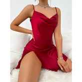 Elegant Solid Satin Split Slip Nightdress - Sexy V-Neck Backless Spaghetti Strap Sleep Dress - Luxury Silk-Feel Women’s