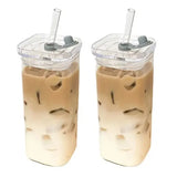 Square Glass Coffee Cup with Lid and Straw – Heat Resistant Drinkware - 2pcs clear / 400ml