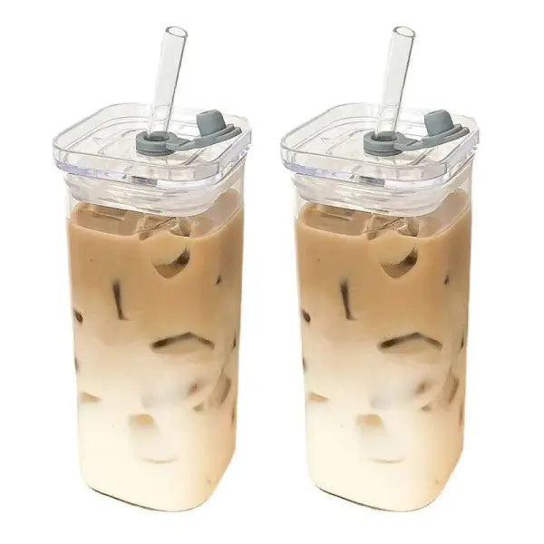 Square Glass Coffee Cup with Lid and Straw – Heat Resistant Drinkware