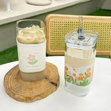 Square Glass Coffee Cup with Lid and Straw – Heat Resistant Drinkware