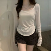 Square Neck Long Sleeve T-Shirt - Irregular Hem Slim Fit Casual Top - New Korean Style Spring & Autumn Solid Bottoming