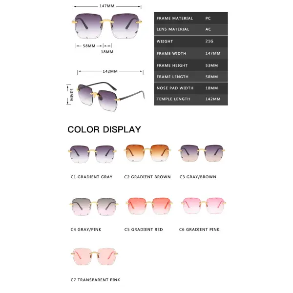 Square Rimless Sunglasses Women Luxury Brand Designer Summer Red Glasses Fashion Sun glasses For Men UV400 Shades Oculos