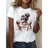 90s Streetwear Women’s Graphic T-Shirt – “Dramatic” Wine Print Casual Short Sleeve Top - 02135white / XS