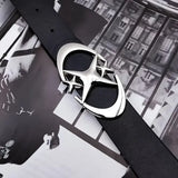 Unisex Oval Cross Metal Buckle Belt in Durable Geometric PU Leather