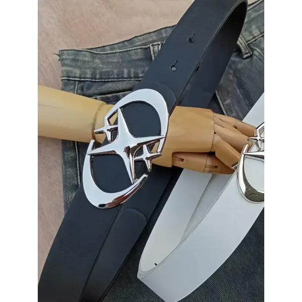 Unisex Oval Cross Metal Buckle Belt in Durable Geometric PU Leather