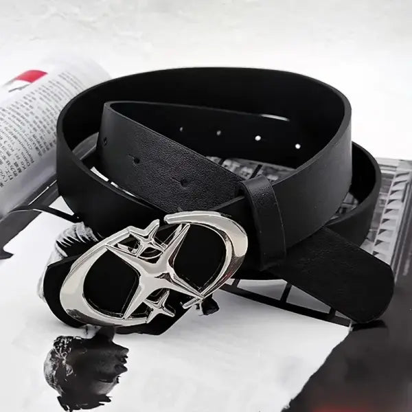 Unisex Oval Cross Metal Buckle Belt in Durable Geometric PU Leather
