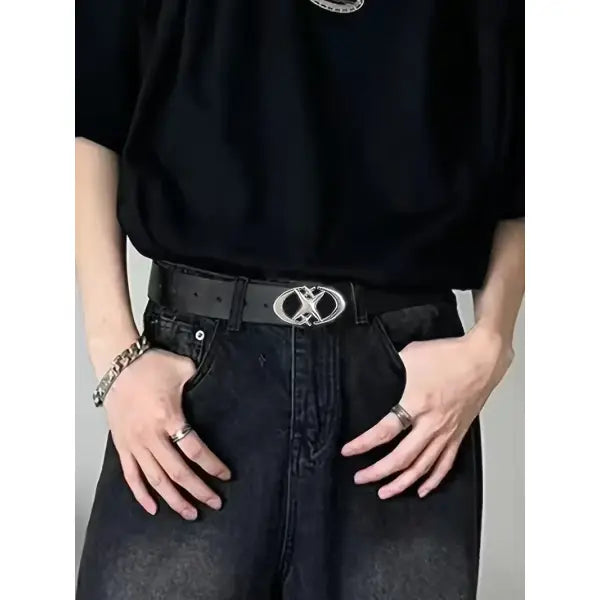 Unisex Oval Cross Metal Buckle Belt in Durable Geometric PU Leather