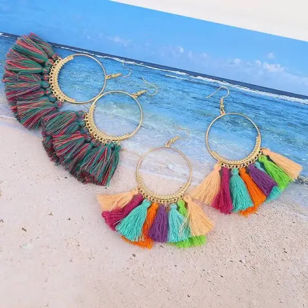 Stylish round drop dangle earrings with colorful tassels and gold-tone rings