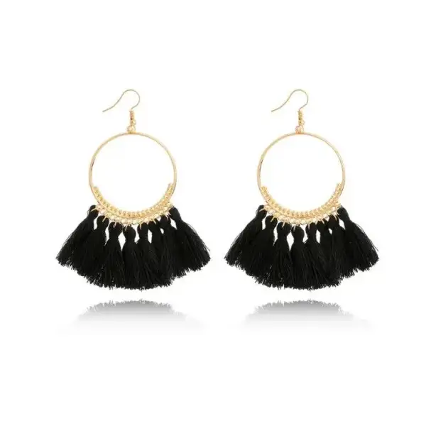 Stylish round drop dangle earrings with gold hoops and black tassels