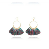 Stylish round drop dangle earrings with gold hoops and multicolored tassels