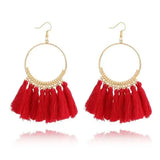 Stylish round drop dangle earrings with gold hoops and red tassels