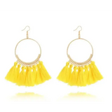 Stylish round drop dangle earrings with gold hoops and yellow tassels