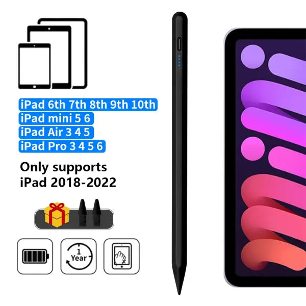 Palm Rejection Stylus Pen Metal Magnetic Suction Fast Charging iPad - black