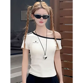 Summer 100% Cotton Off-Shoulder Top - Sexy White Short Sleeve Sporty Tee - Basic Casual Body-Hugging Korean Style