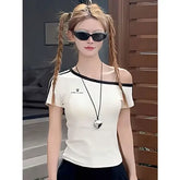 Summer 100% Cotton Off-Shoulder Top - Sexy White Short Sleeve Sporty Tee - Basic Casual Body-Hugging Korean Style