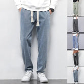 Summer Loose Wide Leg Jeans Pants Men Fashion Drawstring Elasticated Straight Trousers - None