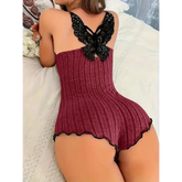 Summer Pajamas for Womens Onesies Sleepwear Fashion Back Bow Design Lace Splicing Bodysuit Loungerwear - Red / XL