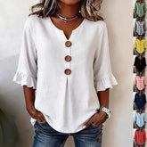 Summer Ruffled-Sleeve Top Loose Casual V-Neck Buttons Short-sleeved Shirts Women’s Clothing - None