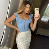Suninheart Summer White Corset Top Elegant 2025 New Arrivals Short Backless Lace Up Tops Cotton Jacquard Bodycon Tops