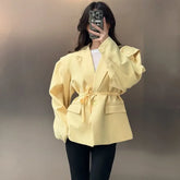 Talenza Lace Up Shoulder Pad Blazer Coat Women’s Lapel Button Long Sleeve Pockets Coats Female Elegant Chic Loose