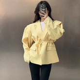 Women’s Lace-Up Shoulder Pad Blazer – Elegant Chic Loose Lapel Coat with Pockets