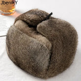 Real Rabbit Fur Bomber Hats Plus Size Warm Outdoor Ski Trapper Cap
