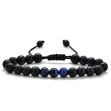 Tiger eye couple bracelets with matte black agate beads and blue accents