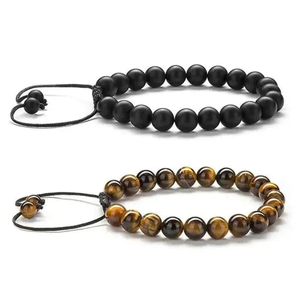 Tiger Eye Couple Bracelets with Matte Black Agate Beads - L