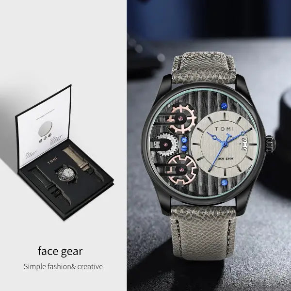 TOMI Mens Quartz Watch Alloy Case Business Gift Set - Dark Gray