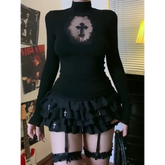 Turtleneck Top Y2k Clothes Black Gothic Cross Hollow Slimming Bottom T Shirt for Women Long Sleeve Sexy T-shirt Girls