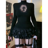 Y2K Gothic Cross Hollow Turtleneck Top - Sexy Black Slimming Long Sleeve Tee & Grunge Streetwear