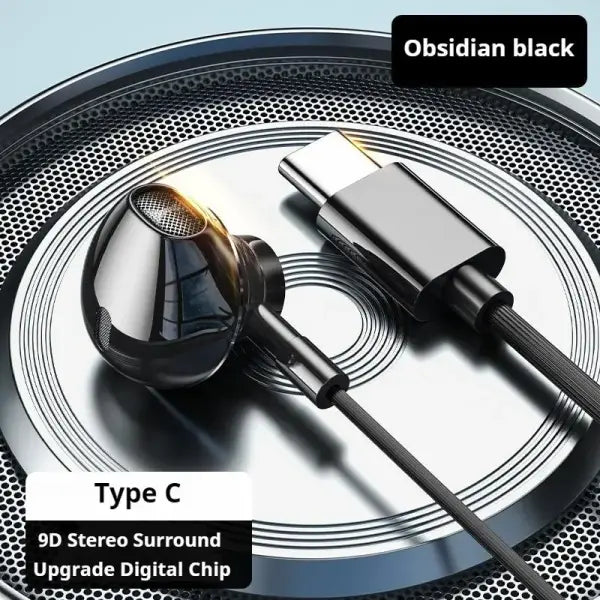 HiFi Bass Stereo Wired Earbuds with HD Mic for Enhanced Audio - black type C