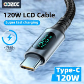 Ultra-Super Fast Charge Cable-6A 120W USB A To Type C Nylon Data Cord For Xiaomi Redmi Samsung With Led Digital Display