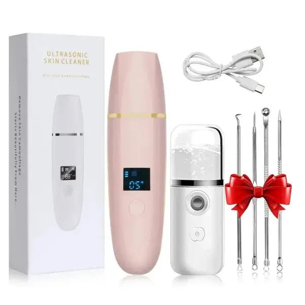 Ultrasonic Facial Scrubber for Deep Cleaning Skin Care Device - Pink gift spray