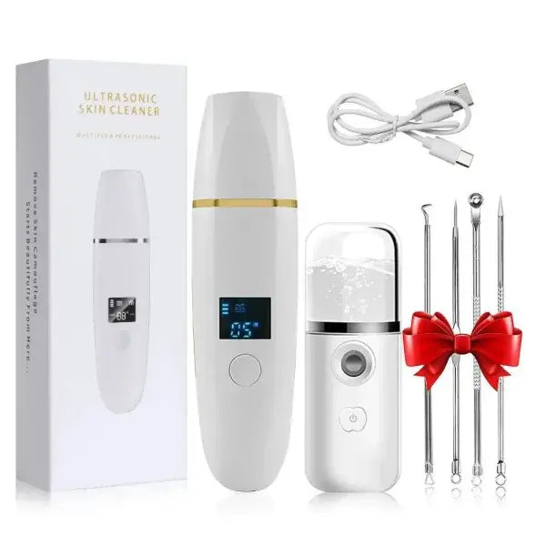 Ultrasonic Facial Scrubber for Deep Cleaning Skin Care Device - White gift spray