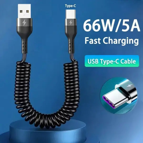 Type C 66W Spring Telescopic Cable PVC for Car 5A Fast Charging